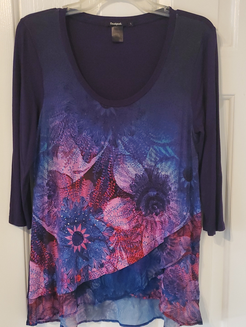 Desigual Purple Floral Layered Scoop Neck Top